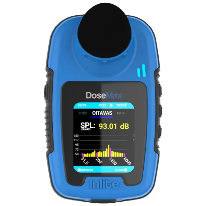DoseMax v2 Dosímetro de ruído digital com filtro de bandas de oitava, 1/3 de oitavas, protetor de vento com conexão magnética, e certificado de calibração