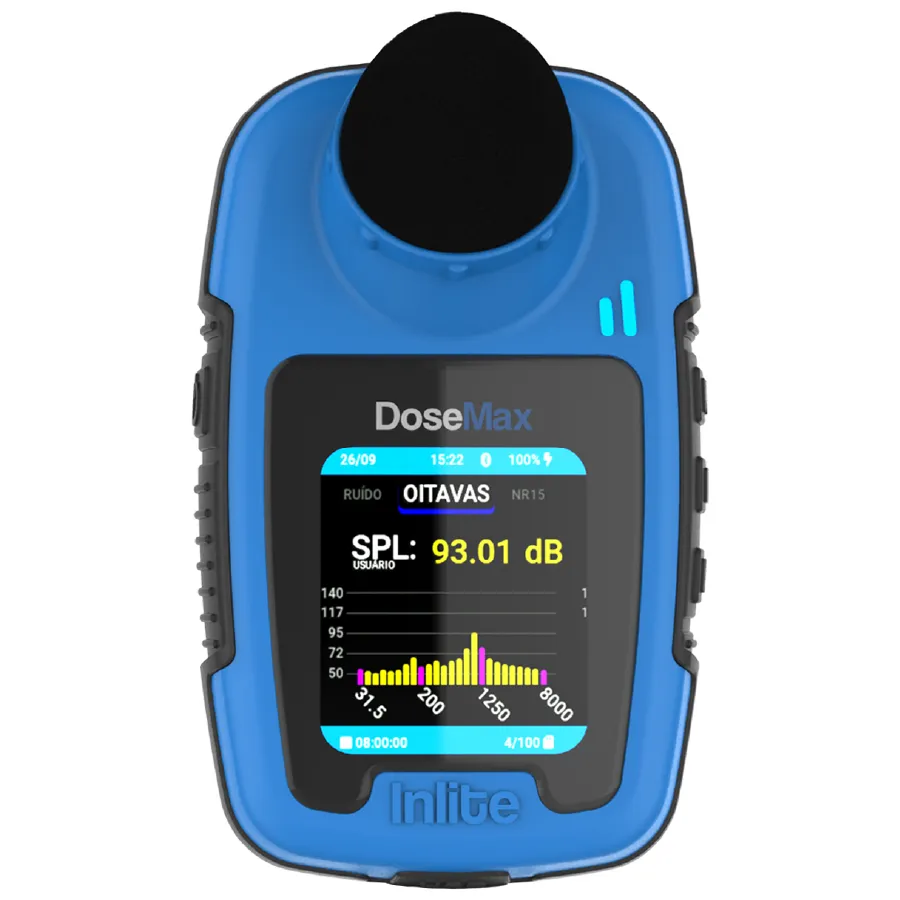 DoseMax v2 Dosímetro de ruído digital com filtro de bandas de oitava, 1/3 de oitavas, protetor de vento com conexão magnética, e certificado de calibração